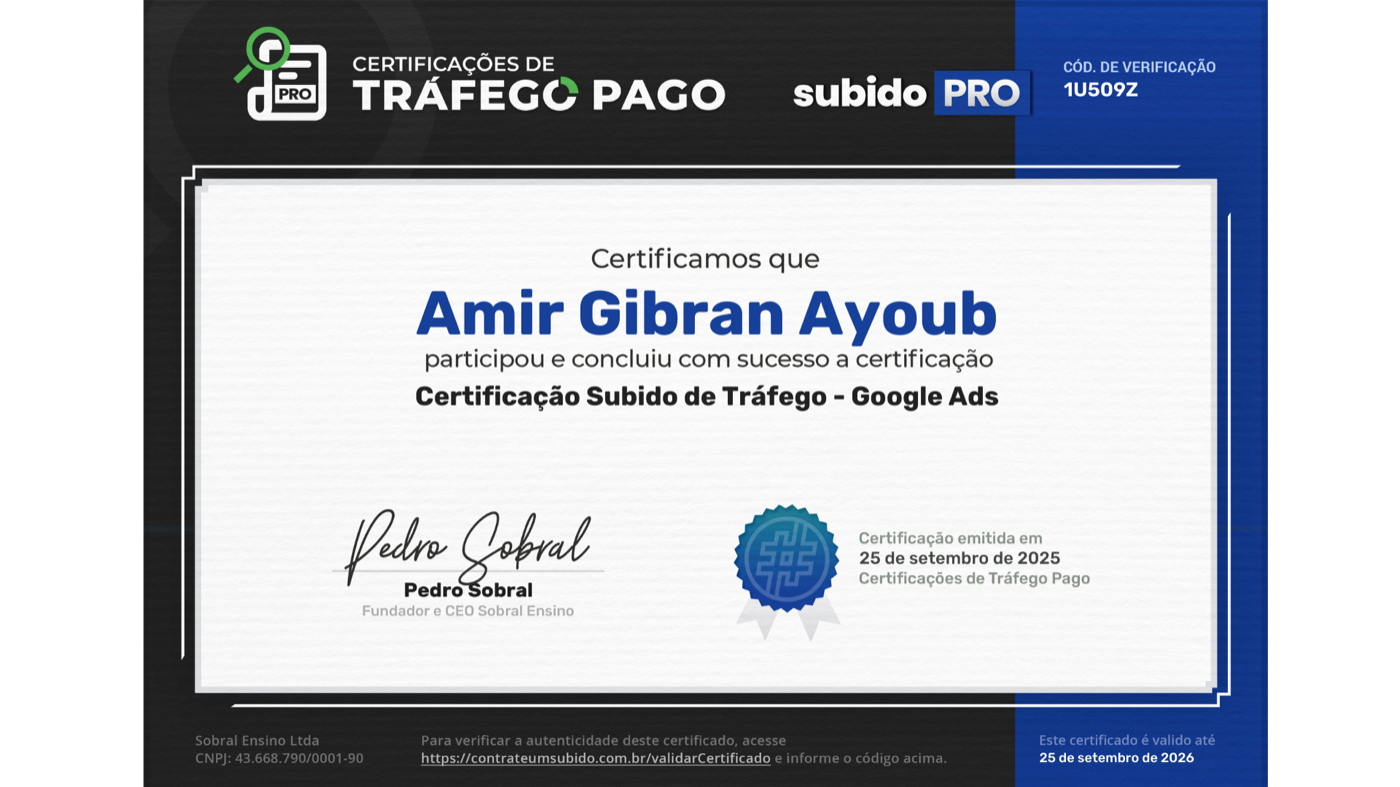 Certificação Subido PRO em Google Ads no nome de Amir Gibran Ayoub